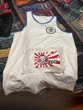 White Tank Top with Blue Trim and Black Logo